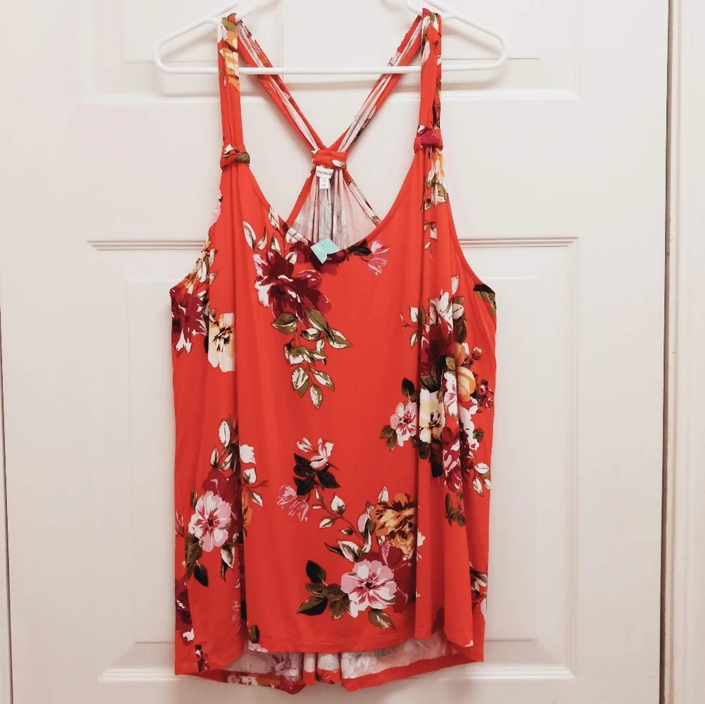 Maurices Floral Tank Top Knot Back Racerback 1X Orange Tropical Resortwear Flowy - Picture 1 of 8